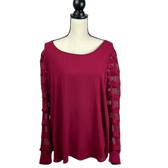 LOFT Long Sleeve Shirt SZ Large Sheer Sleeves with Striping Maroon Red Flowy - Picture 1 of 9